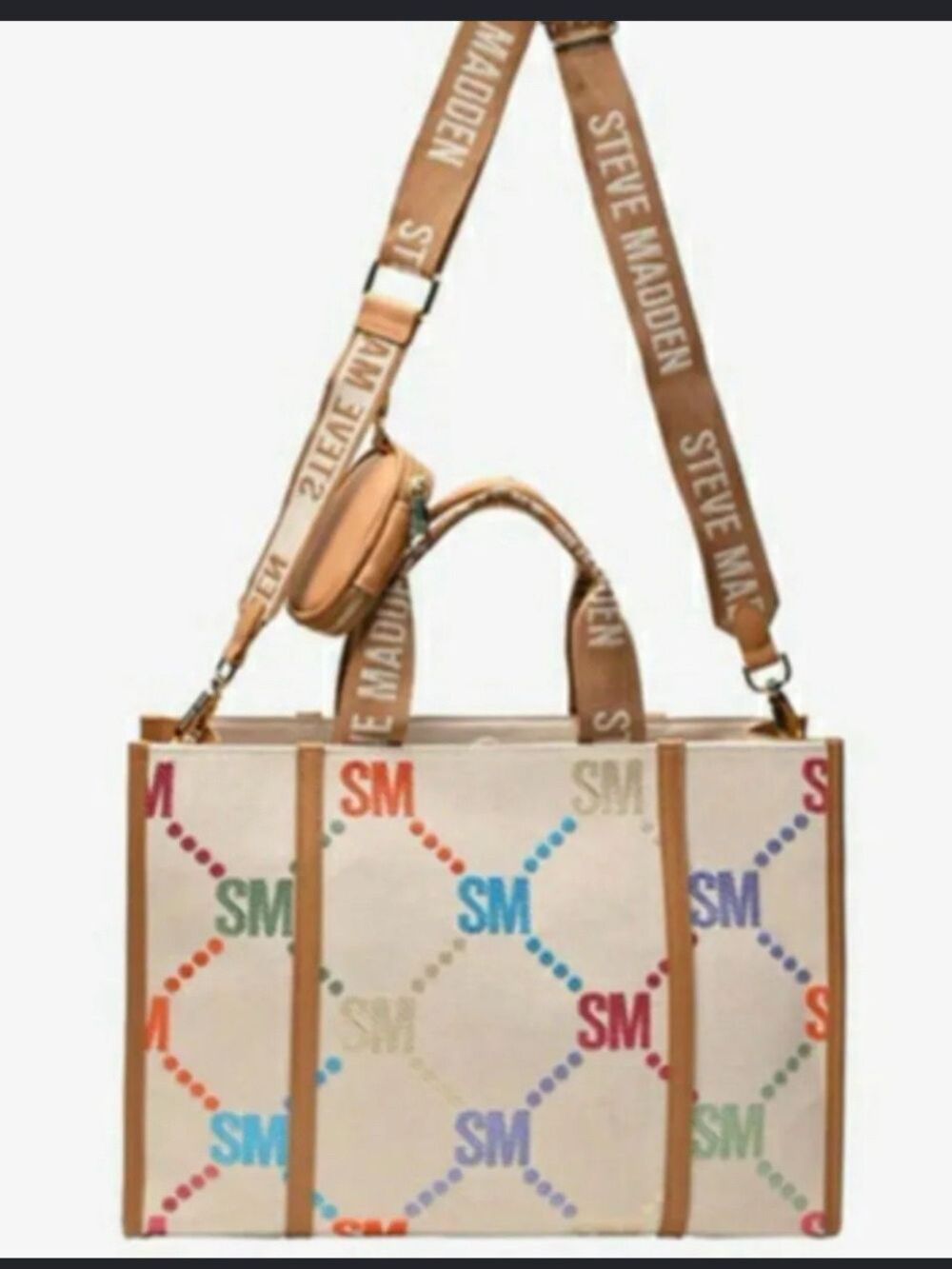 STEVE MADDEN Tan Tote with Multicolor SM Logo Print NWT